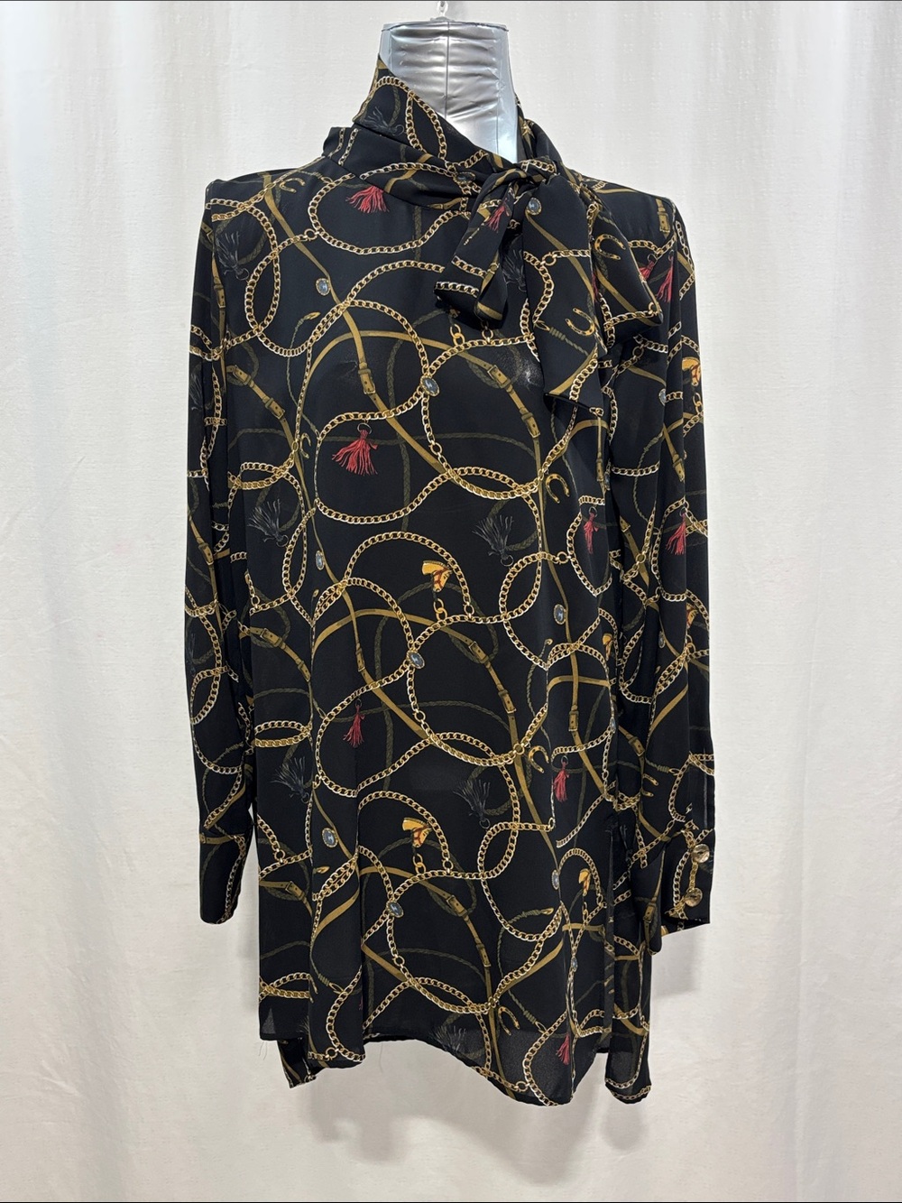 Zara Equestrian Scarf Neck Tunic Top Dress Black Blouse Horse Chain Print Women